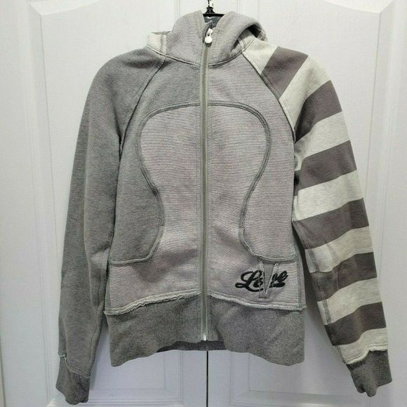 Lululemon Scuba Hooded Sweater Special Edition LOVE Gray Striped Fleece Zip Sz 4 - Picture 1 of 11